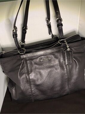 Coach Black Leather Shoulder Tote with Logo Badge